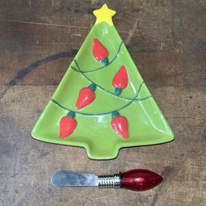 Hallmark Christmas tree Dish W/ Vintage Bulb Design Nuts And Candy & Spreader